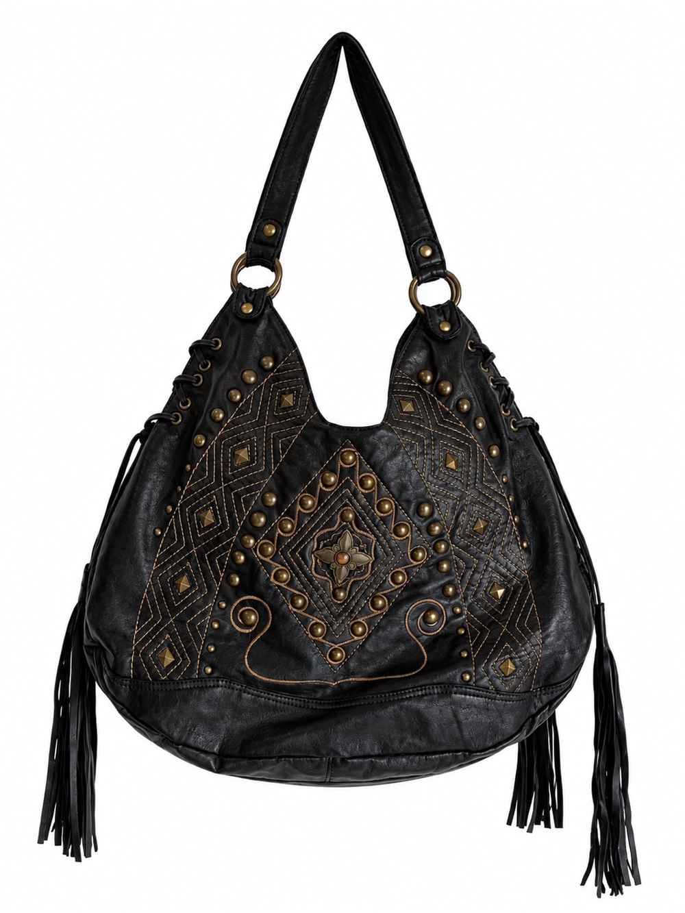 Black Studded Fringe Shoulder Hobo Bag